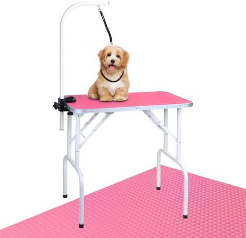 LEIBOU Pet Dog Grooming Table Foldable Grooming Table Heavy Duty Iron Frame with Arm & Noose for Dog Cat Pet Grooming (32'', Pink)
