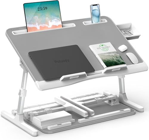 Laptoptisch, Potuopy Leder verstellbare Höhe Winkel faltbar Betttisch, X-Large Laptop Tisch für Sofa mit Eco Holzbrett für die Arbeit Lesen Essen auf dem Bett Sofa Boden (grau, 60 * 40cm)