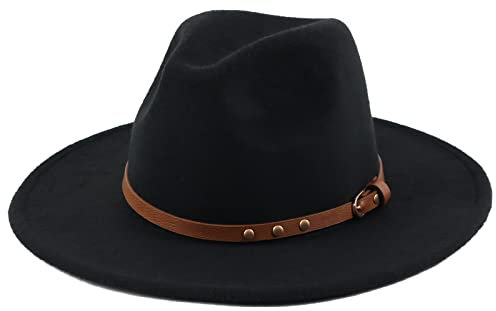 Koreshion Klassischer Fedora-Hut mit breiter Krempe, mit Gürtelschnalle, aus Wolle, schwarz, Einheitsgröße