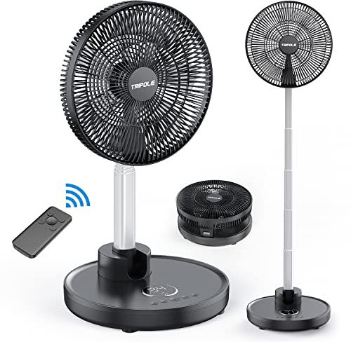 TriPole Foldable Pedestal Fan - 12000mAh Rechargeable, 6 Speeds, 6 Timer Settings, Remote Control, LED Display, 70° Oscillating, 200° Head Tilt, Silent Fan - Black