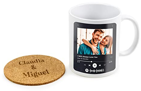 Made in Gift Taza de Cerámica 33cl Personalizada Canción Spotify con Foto, Texto y Código para Escanear y Reproducir en la Aplicación Móvil Incluye Posavasos Personalizado Con Tu Frase