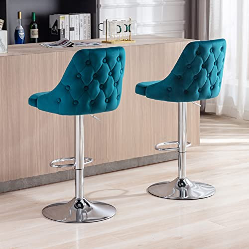 Wahson Barhocker 2er Set, Barstuhl Bistrohocker mit Lehne, höhenverstellbar, Tresenhocker aus Samt und Metall, drehbare Küchenstühle für Küche/Hausbar, Blau