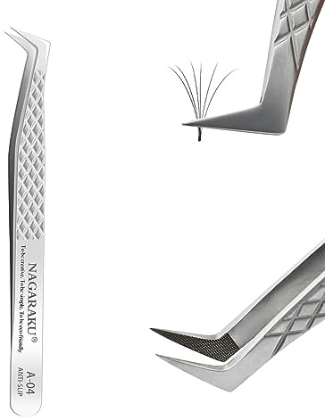 NAGARAKU Fiberspets Volympincetter Böjda Ögonfranspincett Professionell Precisionspincett Ingen Gap Silver Rostfritt Stål Halkfri Greppspets Skydd Lätt Böjd Franspincett för Ögonfransblommor (A-04)