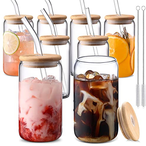 DWTS DANWEITESI Glass Cups with Lids and Straws 8 pcs,16 oz Glass Iced Coffee Cups with Lids-Clear Glass Coffee Cups,Cute Glass Cups for Coffee Bar Accessories Gifts