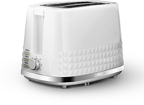 Tower T20082WHT Solitaire 2 Slice Toaster Black Chrome Accents, 850W, White