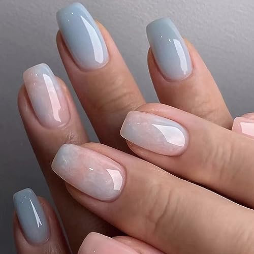 24PCS Medium False Nails with Glue Stickers, Coffin Full Cover Acrylic Press on Nails no Glue,Pink Blue Jelly French Fake Nails for Women and Girls Nail Art