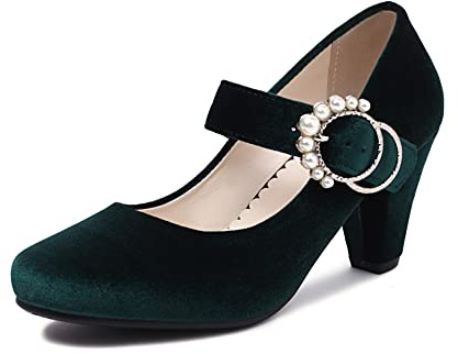 elerhythm Mary Janes 1920s Retro Block Velvet Heels Gatsby 1950s Vintage Cerrado Round Toe Pearl Buckle Ankle Strap Zapatos de tacón, Green, 40 EU