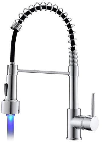 TIMACO Grifo de cocina LED cromado con muelle en espiral, 360 °, grifos de fregadero con dos cañones de alta presión