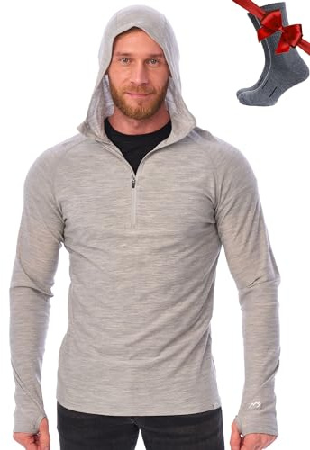 Merino.tech 100 % merinoull herrtröja - Merino-underkläder för män, smal passform och strumpor, 190 Light Heather Grey, XXL