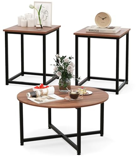 LIFEZEAL 3er Set Couchtisch, Kaffeetisch mit Quadratische Beistelltisch, Wohnzimmertisch aus Metallrahmen, Sofatisch Satztisch Modern Design, für Wohnzimmer Schlafzimmer (Walnuss)