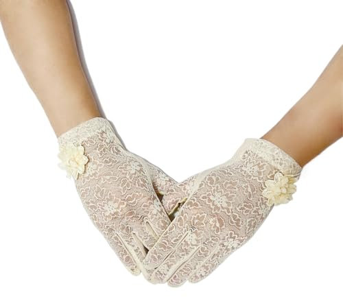 QUANNICE Sexy Spitzenhandschuhe für Damen, Beige, Einheitsgröße