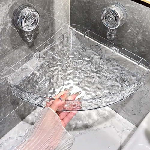Hikaka No Drill Clear Wall Caddy, Easy Mount Bathroom Storage Shelf - No Punching Required, Suction Cup Caddy Corner Shelf, Removable Multifunctional Triangle Rectangle Storage (Transparent-Triangle)