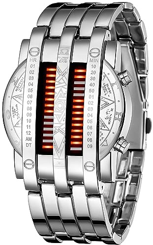 Reloj digital binario creativo para hombre, reloj digital único con matriz LED, reloj futurista de acero inoxidable, U Plata Rojo, Moda