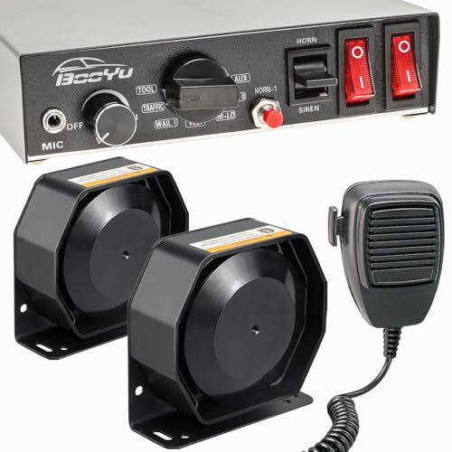 BooYu 12V 400W Police Emergency Siren for Vehicles Truck, 9 Tone Slim Speaker Horn Alarm PA System for Firefighter Ambulance [Handheld Microphone][2 x 10A Switches]