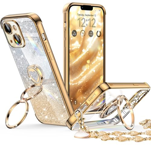 XYZ for iPhone 13 Mini Case with Stand, Phone Case with Double Ring Kickstand, Women Girls Bling Luxury Glitter Clear Phone Case Cover Heart for iPhone 13 Mini, Gold