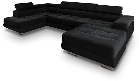 Masseno Ecksofa CASONE L-S mit Schlaffunktion U-Form, Sofa mit Bettkasten, Wohnzimmersofa, Couch, Soffa, Bettsofa, Couchgarnitur- Schwarz, Monolith 95