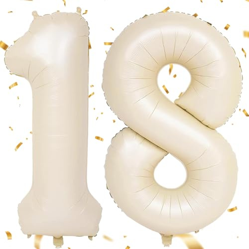 Palloncino con numeri 18, beige, 40 pollici, 18, colore bianco sabbia, con numeri 18, palloncino a elio, 18, decorazione di compleanno per ragazze, ragazzi, compleanni, feste di compleanno