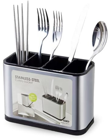 UOSIWYA Soporte para cubiertos de mesa con 4 compartimentos, cesta para cubiertos, bandeja de cubiertos de acero inoxidable, recipiente para escurreplatos, utensilios de cocina, organizador de cocina