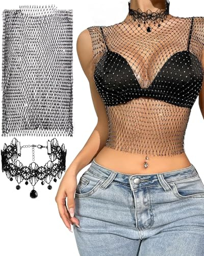 SCJJZ Rhinestone brillante malla cuerpo cadena tops,collar de encaje a juego,Manga Larga con Diamantes De Imitación Brillantes,para mujeres brillante bikini crop top para discoteca fiesta festival