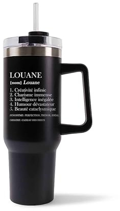 Mug Isotherme 1,2L - Louane Définition Noir – Bouteille avec Anse, Paille et Couvercle – Idée Cadeau Gourde Personnalisée