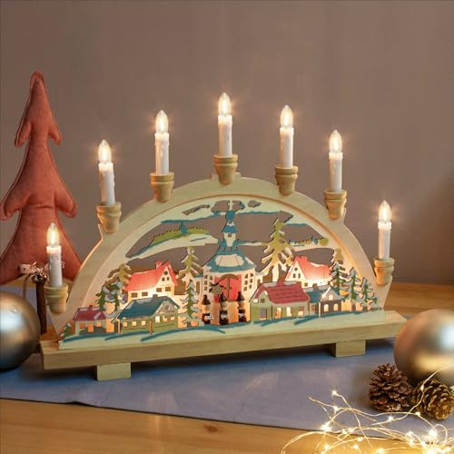 Hellum Schwibbogen Weihnachten innen Motiv Sternsänger, Fensterbeleuchtung Weihnachten innen mit 10 Kerzen (+ Ersatz) 45x31,5cm, Lichterbogen Schwippbogen mit Strom und Schalter 151817