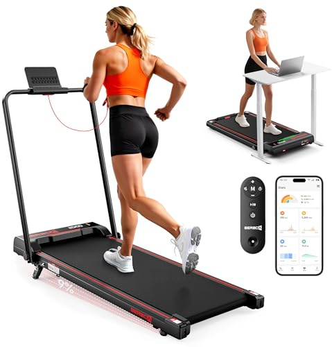 3PS Klappbar Kleines Laufband für Zuhause mit 9% Steigung 1-10 KM/H Treadmill Walking Pad mit Griff Max136KG Laufband Schreibtisch mit APP & Fernbedienung, LED-Anzeige Frauen Fitness (Rot‌)