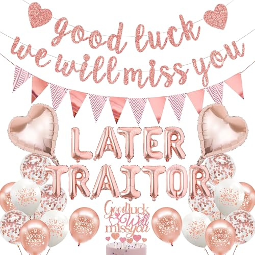 Retirement Leaving Party Banner - Pink Glitter Good Luck Balloon Set | Pink Glitter Good Luck We Miss You Banners Foil Balloons Farewell Going Away Leaving Decor