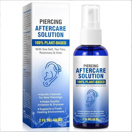 Piercing rengöringslösning, saline piercing spray – mild rengöring för färska öron- och näspiercingar, daglig användning, 60 ml flaska
