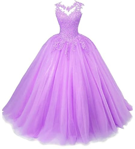 HAIBFJIN Abiti Da Sera Lunghi Tulle Abiti Quinceañera Pizzo Applique Abito Da Sfera Abiti Formali Per Adolescenti, Lilla, 40