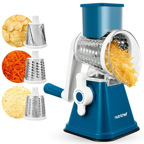 NutriChef Rotary Cheese Grater 3 in 1 – Manual Cheese Shredder with 3 Stainless Steel Drums, Strong Suction Base for Kitchen, for Vegetables, Carrot, Potato, Coconut, Blue