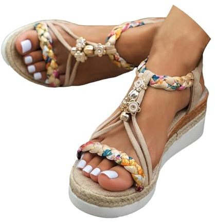 Plattformssandaler kvinnor sommar dressy Espadrille kilar plattform casual högklackade öppen tå sandal sommar ledig plattform bohemisk slip-on kil sandal med elastisk ankelrem promenadskor, C Kaki