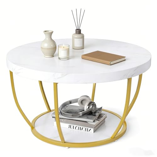 LIFEZEAL Mesa de salón redonda con 2 estantes, con efecto de mármol, blanco y dorado, dorado, mesa de café, salón, sofá, baja, moderna, de madera y metal, máx. 90 kg, Ø80 x 45 cm