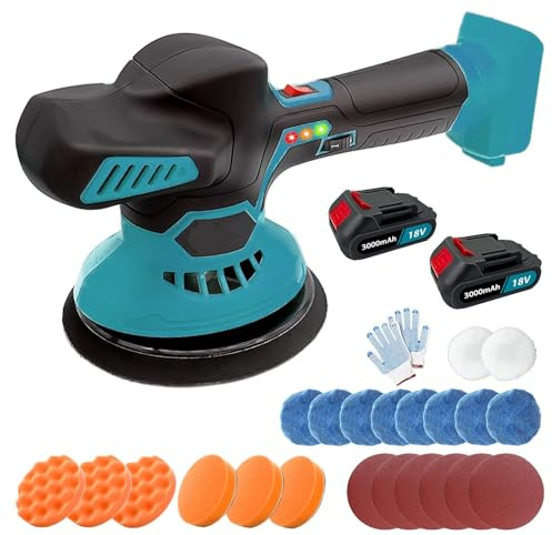 Pulidora de coche con batería profesional, con 2 baterías de 3,0 Ah, cargador y 24 accesorios, 6 niveles regulables, 6000 rpm