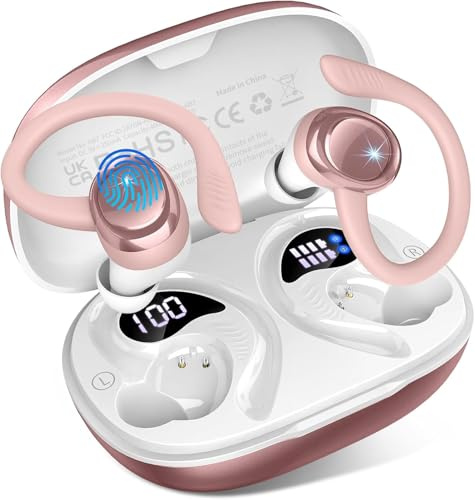 Ecouteurs Bluetooth sans Fil Sport, Écouteur Bluetooth 5.4 avec 4 ENC Mic, HiFi Stéréo, 60+Hrs Ecouteurs sans Fil, IP7 Étanche Oreillette Bluetooth Running, Écran LED, Casque pour iOS Android, Or Rose
