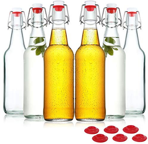 YEBODA Clear Glass Beer Bottles for Home Brewing with Easy Wire Swing Cap & Airtight Silicone Seal 16 oz- Case of 6