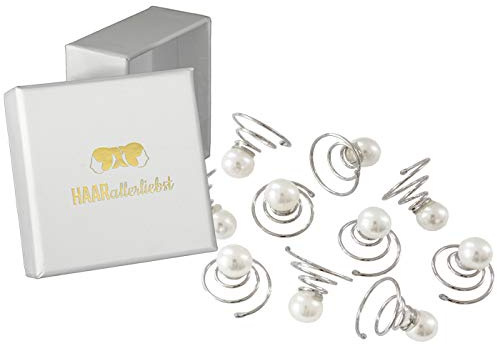 HAARallerliebst Haarklammern Curlies mit Perlen (10 Stück | silber | 1,5cm) für Hochsteckfrisur Hochzeit inkl. Schachtel zur Aufbewahrung (Schachtelfarbe: weiss)