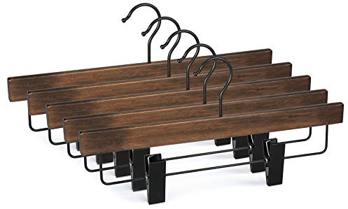 TOPIA HANGER Pants Hangers, Wooden Skirt Hangers with Adjustable Metal Clips, Premium Retro Finish and 360° Swivel Black Hook, Jean Hangers for Closet,10 Pack, CT03A