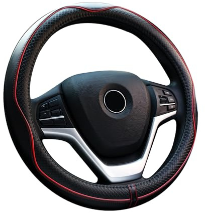 Valleycomfy Steering Wheel Covers Universal 15 inch - Genuine Leather, Breathable, Anti Slip & Odor Free (Black with Red Lines, M(14 1/2-15 1/4))