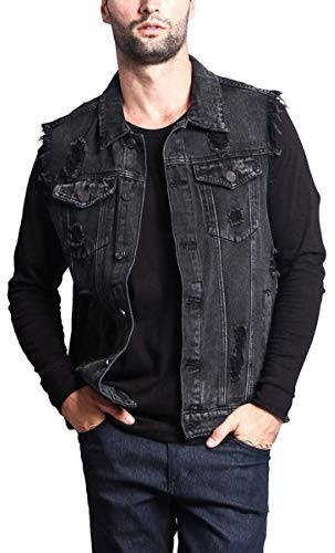 Cicilin Män Denim Väst Väst Ärmlös Jeans Jackor Casual Ripped Vintage Cowboy Slim Fit Ytterkläder Gilets, Svart 842, XXL