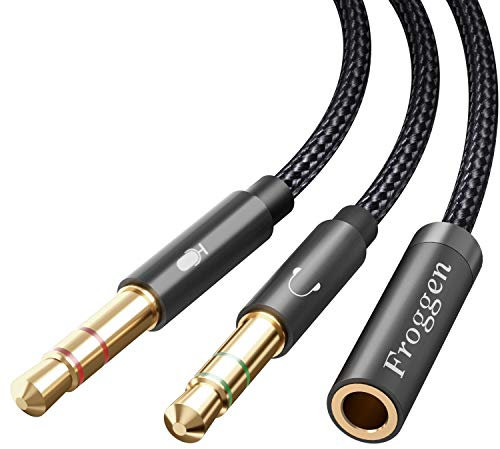 Froggen Cable Separador de Audio y Micrófono, Cable Adaptador Jack Hembra 3.5mm a Jack Doble Macho, Adaptador Auriculares y Micrófono, para Gaming Headset, PC o Laptop(35cm)