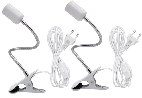 Portalampada E27 con Clip 2 Pezzi Collo di Cigno Flessibile Portalampada Lampada con Pinza da Letto con Spina Europea Lampada da Lettura con 220 CM Cavo e Interruttore