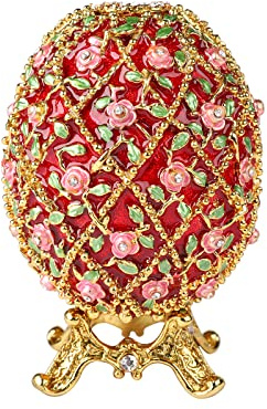 QIFU Vintage Red Easter Egg Figurine Hand Painted Enamel Trinket Box Hinged, Unique Gift for Family(QF1990)