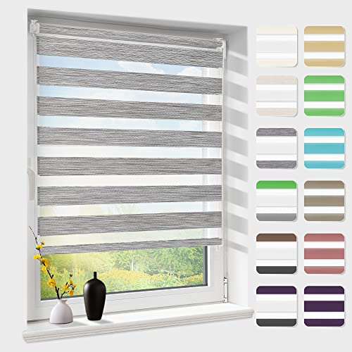 Doppelrollo klemmfix ohne Bohren, Duo Rollos für Fenster & Tür mit Bohren, Dunkelgrau B90 x H200cm (Stoffbreite 90 cm), Fensterrollo lichtdurchlässig & verdunkelnd, Klemmrollo Sonnenschutz