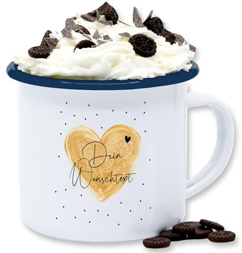 Emaille Tasse Blechtasse - Aufdruck selbst gestalten - Dein Wunschtext I Geschenk personalisiert Weihnachten I Vatertag I Muttertag I Geburtstag - 300 ml - Weiß Blau - paartassen