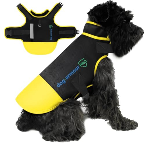 dog armour PRO Schutzweste für Hunde – Schützendes Hundegeschirr gegen Greifvogel- und Tierangriffe – Verstellbar, Würgefrei, Wasserdicht, Reflektierend (S, Gelb)
