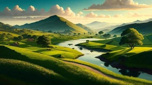 adrium Acryl-Bild 140 x 80 cm: Schöne Sommerlandschaft mit See und grünen Hügeln. 3D-Rendering (202234621)