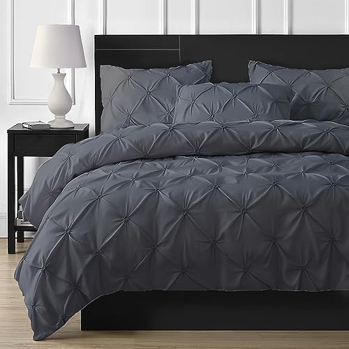 DXHOME Pintuck Bettwäsche 135x200 Grau Dunkelgrau Geometrische Kariert Bettwäsche Set Microfaser Modern Bettdeckenbezug Atmungsaktiv Einzelbett Bettbezug mit Reißverschluss + 1 Kissenbezug 80x80 cm