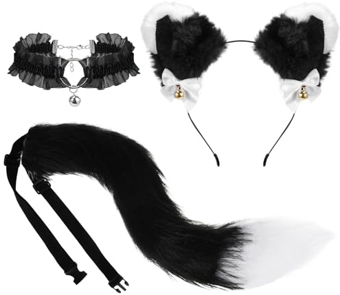 XEPST Katze Cosplay Kostüm Set, Schwarz Schwanz und Ohren Set Faux Furry Fox Wolf Tail Kit mit Langer Fuchsschwanz und Ohren und Glockenkragen für Karneval Party Dekoration Kostüm Dressing Parteien
