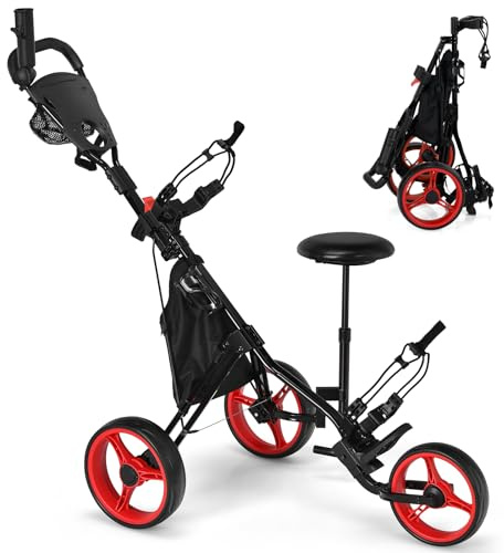 SPOTRAVEL 3 Wheel Golf Trolley, Folding Golf Cart (Red,132 x 75 x 98-116cm)