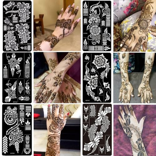 PPVWEY 12 Sheet Henna Tattoo Stencils kit, Temporary Tattoos Templates Hand Forearm Indian Airbrush Tattoo Stickers for Women Girls (Black)